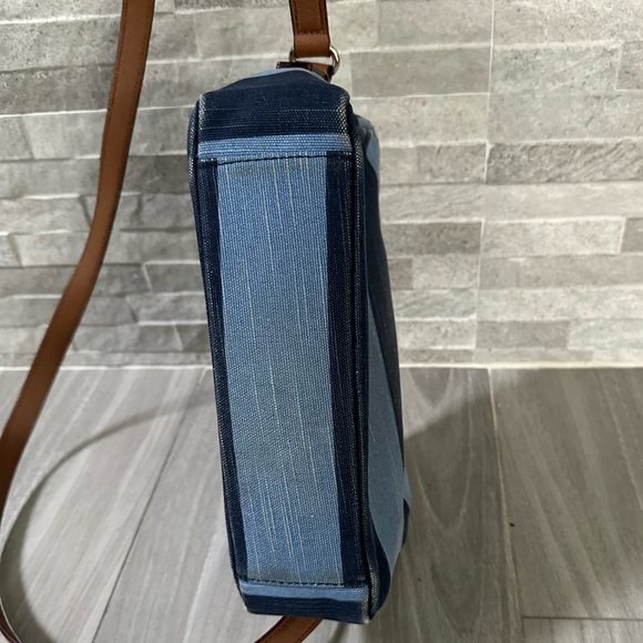 Kate Spade Denim Stripe Crossbody Camera Bag- leather Strap- Blue Brown Gold - Picture 6 of 11